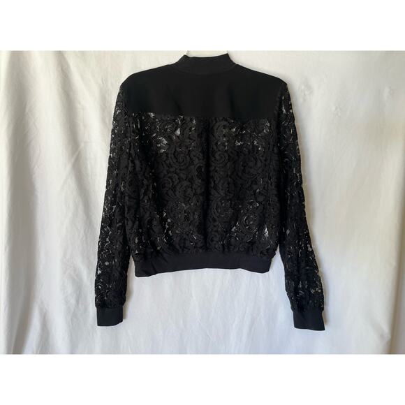 BCBGMAXAZRIA Women's Black Lace Bomber Jacket Size M Long Sleeve Zip Front - Picture 2 of 9